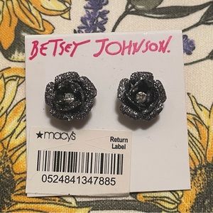 Betsey Johnson Black & Glitter Flower Stud Earrings